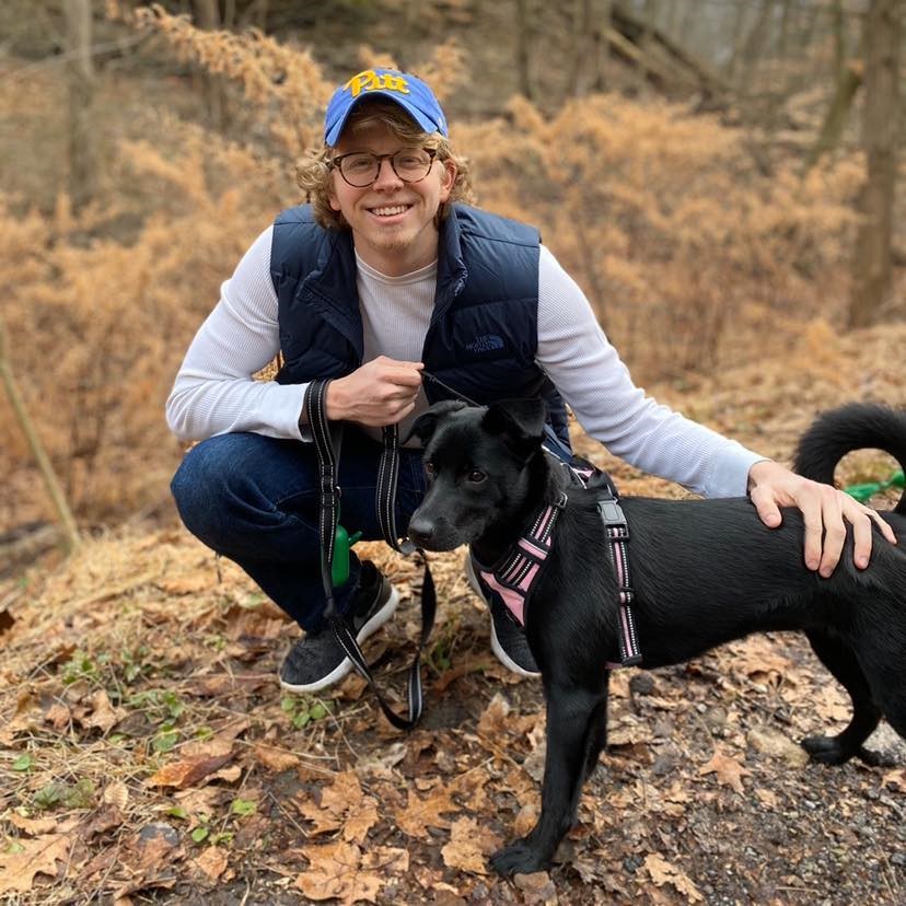 Brett Morgan with his dog, Kaya, in Frick Park (January 2020)