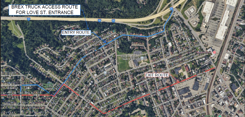 Updated Truck Access Route for truck traffic in and out of the Love St. Entrance - 6/4/25